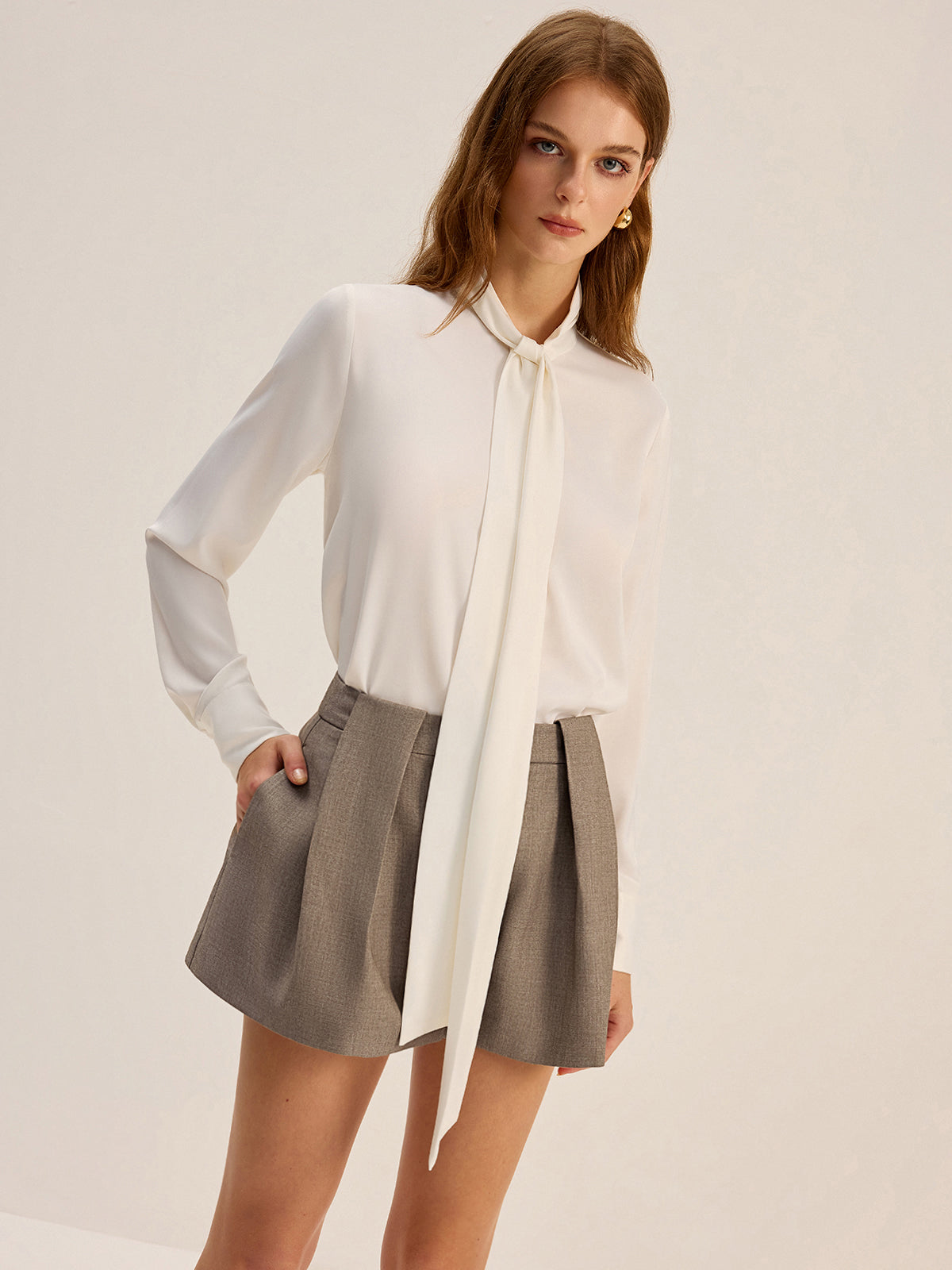 Satin Bow-Tie Neck Long-Sleeve Shirt