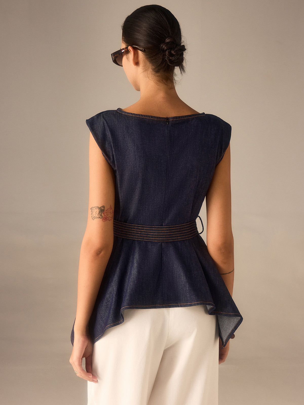 Denim Peplum Belted Top with Asymmetric Hem