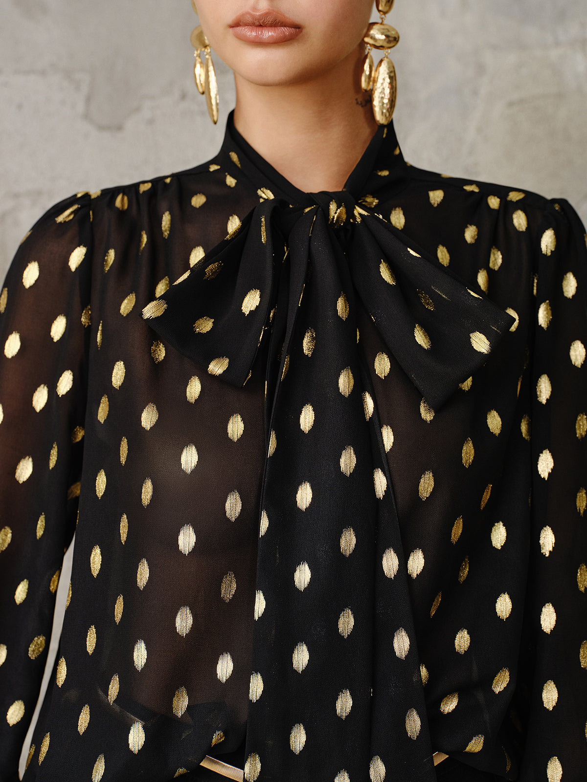 Polka Dot Bow Neckline Semi-Sheer Blouse