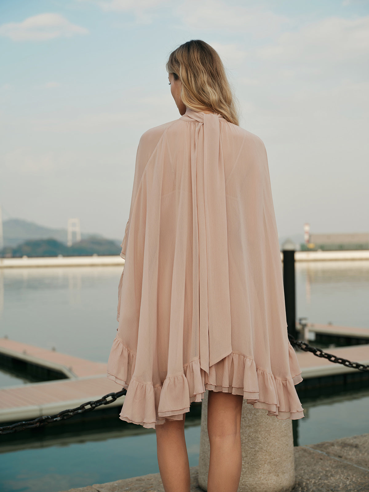 Semi-Sheer Chiffon Ruffle Dress With Outer Cape