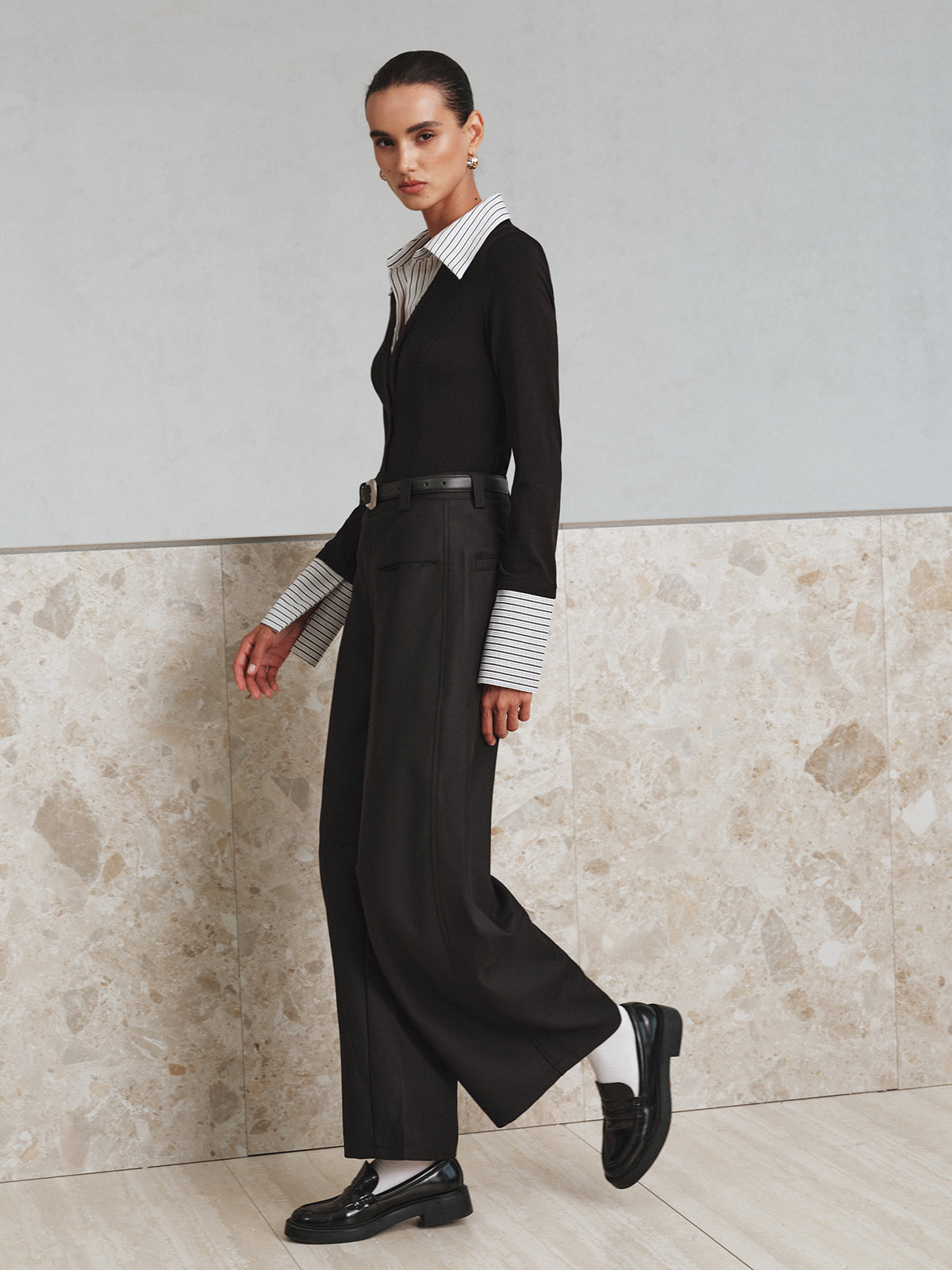 Mock Two-Piece Long-Sleeve Two Tone Polo Top