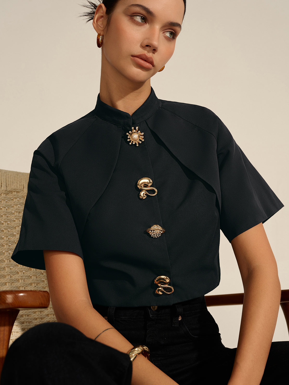 Metal Decor Cropped Blouse