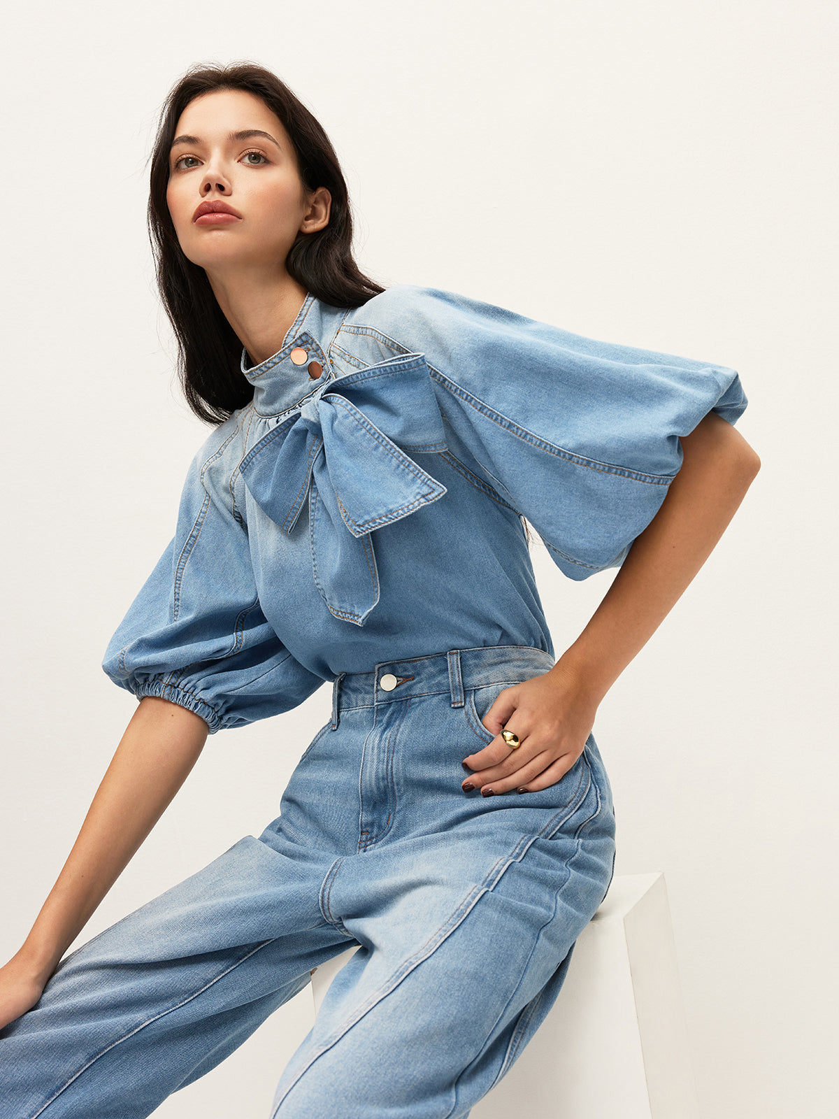 Denim Puff-Sleeve Top With Bow Detail