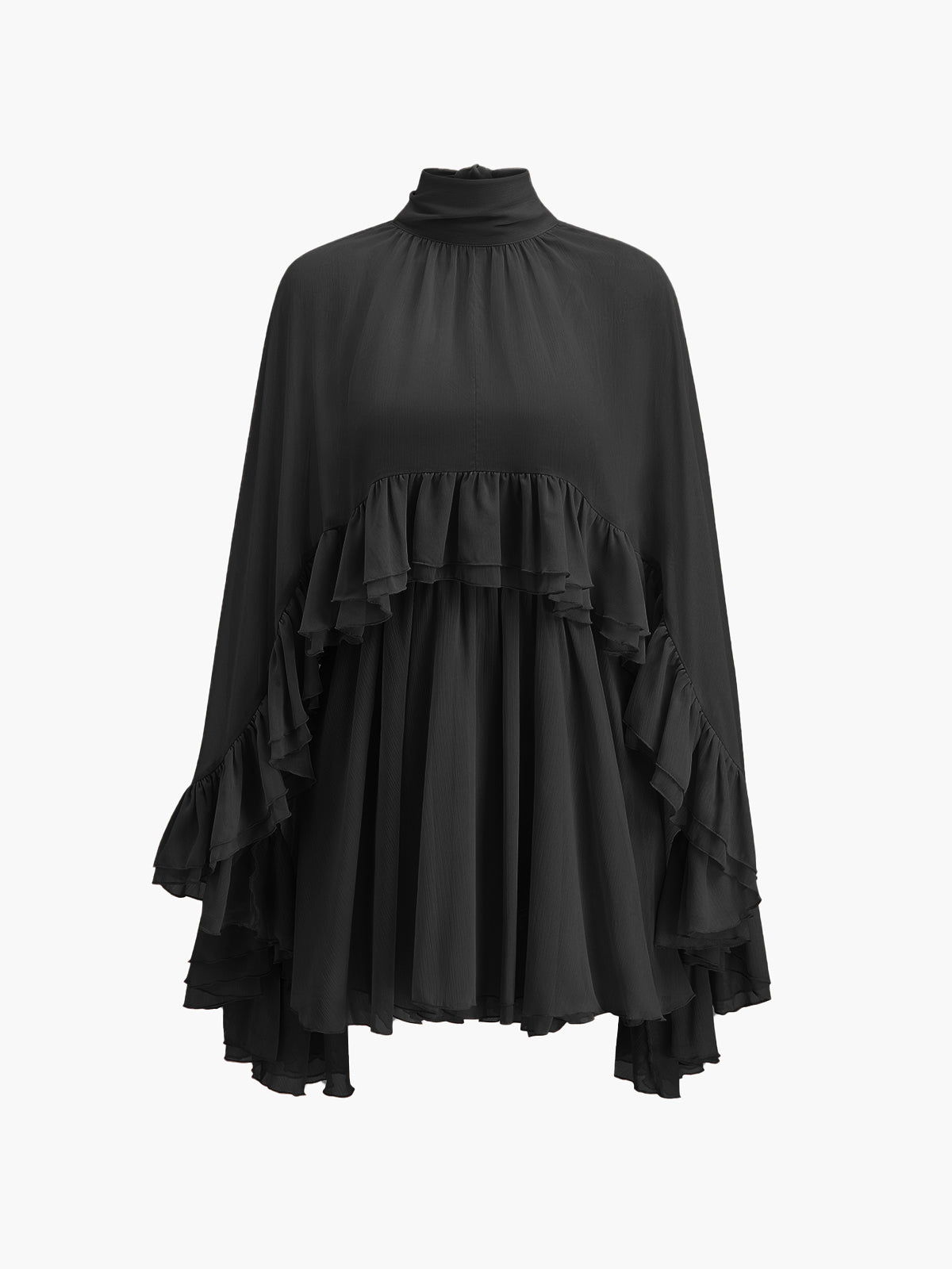 Semi-Sheer Chiffon Ruffle Dress With Outer Cape