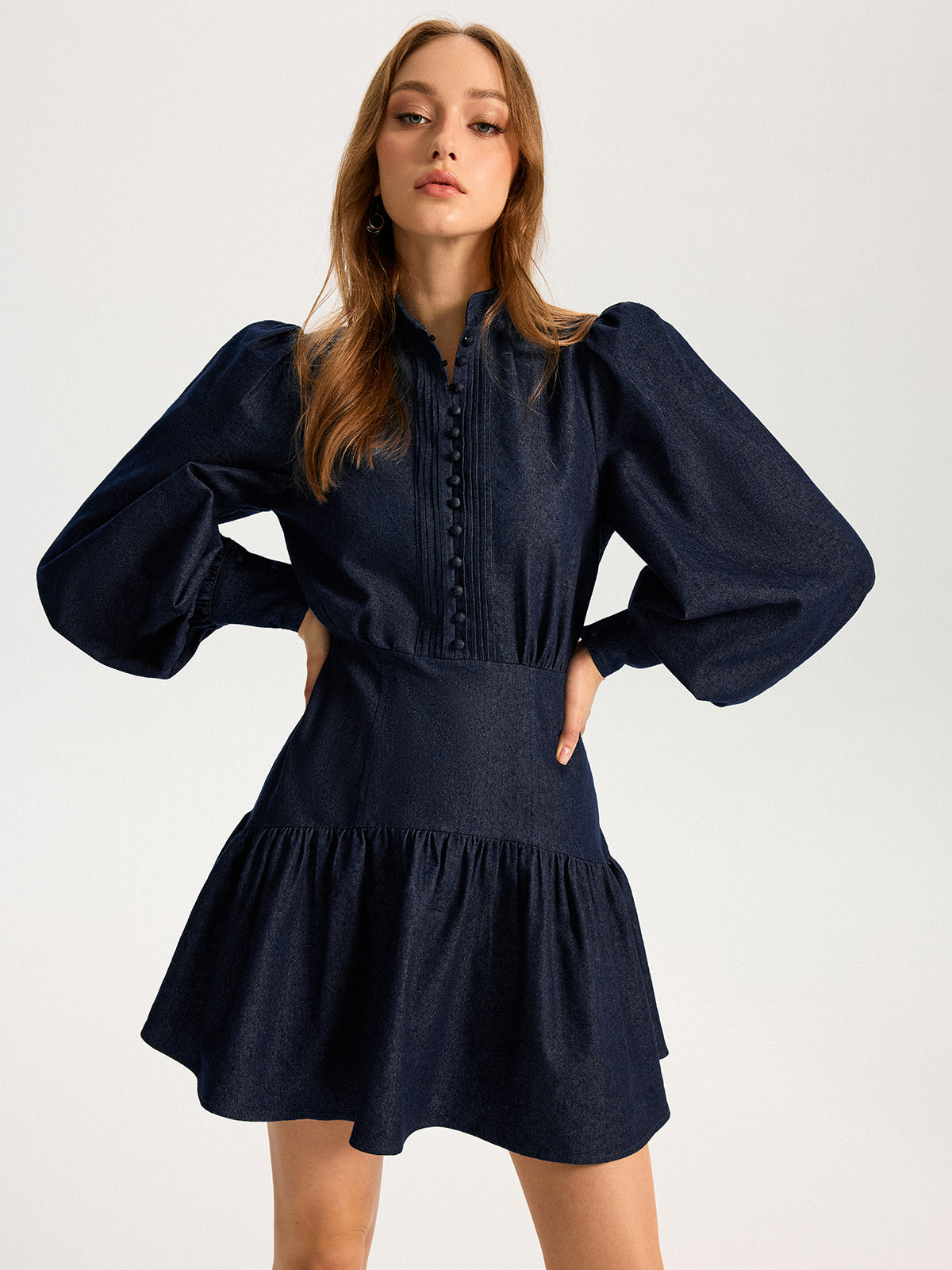 Denim Stand Collar Puff Sleeve Mini Dress