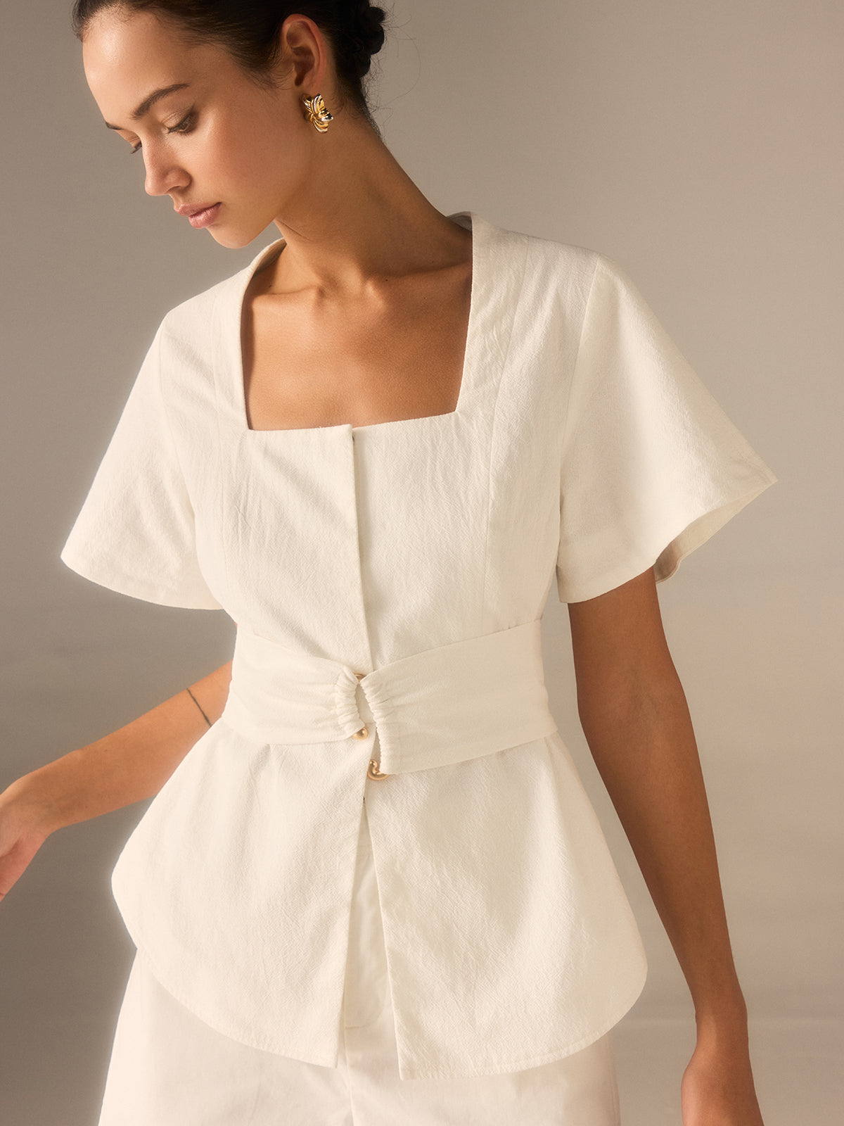 Cotton Square Neckline Top with Belted Waist